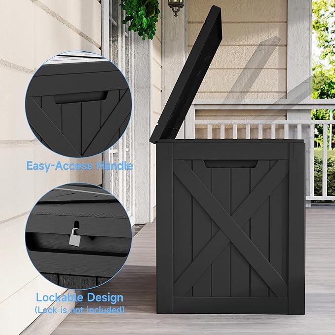 Pepe Tee Waterproof Resin Deck Box, Outdoor Storage Bin for Patio Furniture Cushions, All-Weather Garden Organizer & Seating Bench, Black