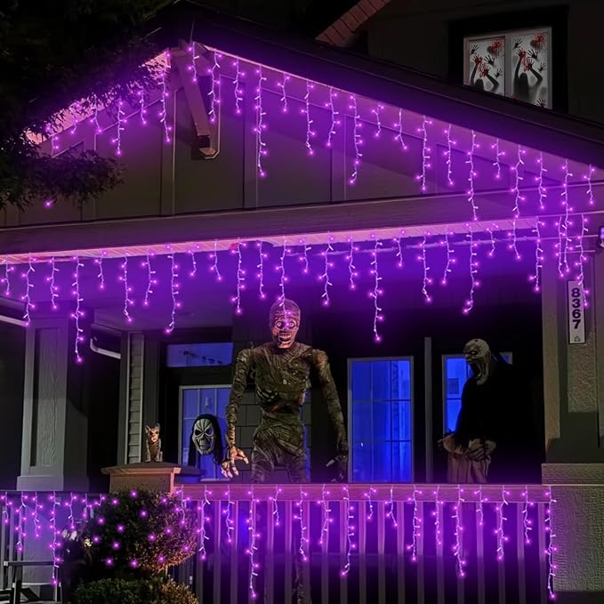 QITONG Purple Halloween Lights, 33ft 400 LED Icicle Lights for Outside Plug in, Clear Wire Connectable String Light Indoor with 8 Modes