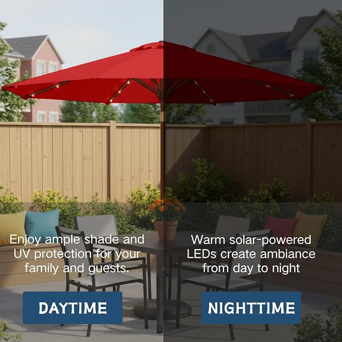 9' Solar LED Patio Umbrella with Tilt & Crank|8 Sturdy Ribs,UV Protection,Outdoor Market Table Umbrella for Deck,Lawn,Pool,Backyard (Red)
