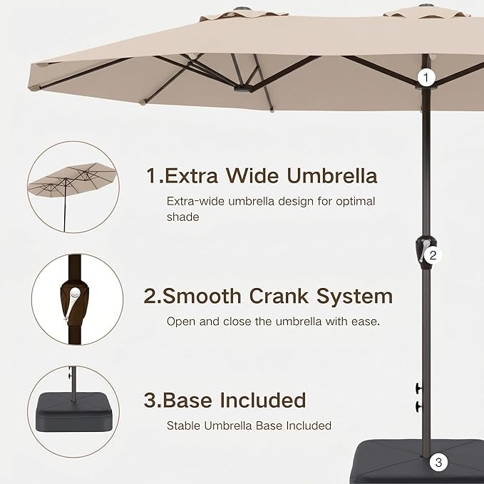 Kingdura 13ft Large Patio Umbrella with Base Included, Double-Sided Rectangle Outdoor Table Umbrella with 12 Reinforced Ribs, Crank Lift for Market Pool Deck Backyard, Beige