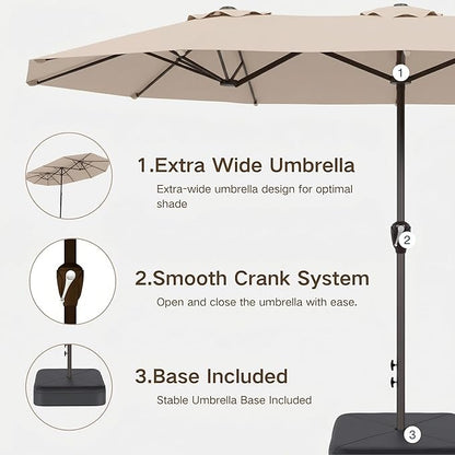 Kingdura 13ft Large Patio Umbrella with Base Included, Double-Sided Rectangle Outdoor Table Umbrella with 12 Reinforced Ribs, Crank Lift for Market Pool Deck Backyard, Beige