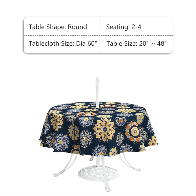 LVTXIII Round Outdoor Tablecloth with Umbrella Hole and Zipper, Water-Repellent 60 Inch Patio Table Cover for Bistro, Garden, Patio & Picnic, Bloom Cobalt