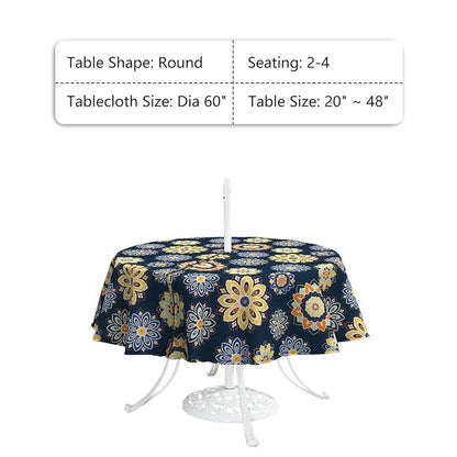 LVTXIII Round Outdoor Tablecloth with Umbrella Hole and Zipper, Water-Repellent 60 Inch Patio Table Cover for Bistro, Garden, Patio & Picnic, Bloom Cobalt