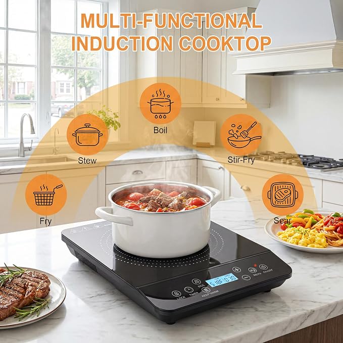 Portable Induction Cooktop 1800W Electric Countertop Stove for Kitchen, RV | Induction Burner with 9 Temperature Settings (140℉-518℉), 9 Power Levels, 10-Hour Timer Adjustment, LED Display, Safety Lock