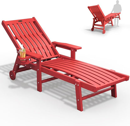 THOEOE Patio Chaise Lounge Chair, Oversized Lounge Chair Outdoor with 5 Positions, 78″ Long, HDPE, Patio Lounge Chair with Wheels & Cup Holder for Pool, Deck, Poolside,Red