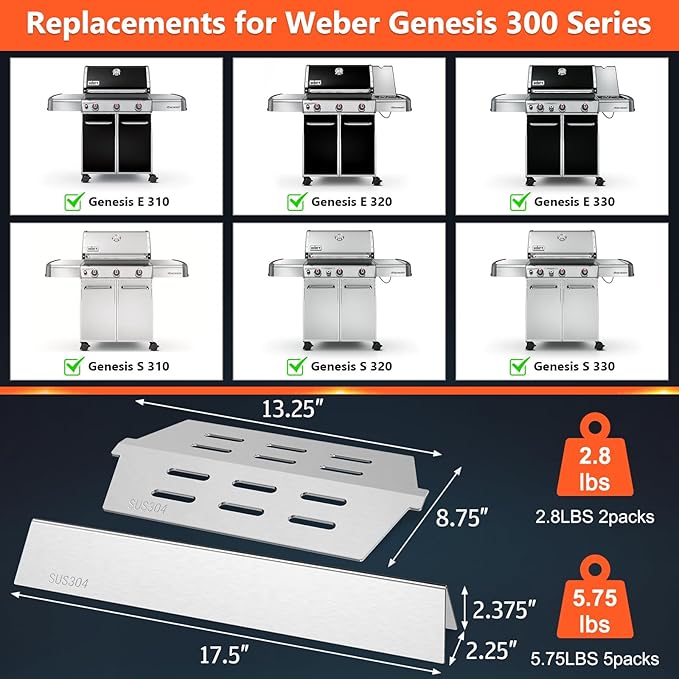 SUS304 Grill Parts for Weber Genesis 300 Series Grills - 17.5" Flavorizer Bars & Heat Deflectors for Weber Genesis E310 E320 E330 S310 S320 S330, Replacement Parts for Weber 7620 7621 7622 65055