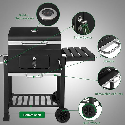 JHshop Black Charcoal Grill with Side Table, Outdoor BBQ Grill for Backyard, Charcoal BBQ Grills Heavy Duty Outdoor Barbecue Grill with Charcoal Tray Foldable Side Table and Wheels 116 x 57 x 108CM