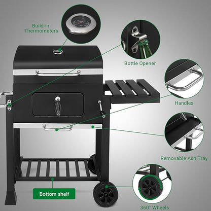 Heavy Duty Charcoal Grill BBQ Smoker with Height Adjustable Charcoal Pan, 45-Inch Barbecue Grill with Foldable Side Table, Warming Rack, Wheels & Bottle Opener for Outdoor Patio, Backyard, Black