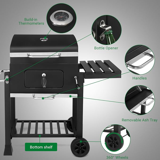 Charcoal Grill with Foldable Side Table and Wheels, Heavy-duty Outdoor BBQ Grill for Backyard, Patio, Garden, and Picnic Cooking, Black