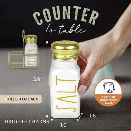 Gold Salt and Pepper Shakers Set with Holder by Brighter Barns - Modern Vintage Kitchen Decor and Accessories - Cute Glass Salt Shaker w/Caddy for Restaurant, Dining Table, Airbnb, Gift (White/Gold)