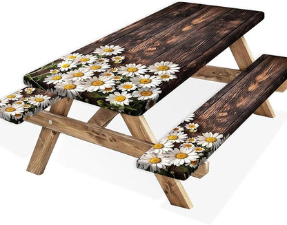 Picnic Table Cover with Bench Covers Elastic Edges, Wooden Board Daisy Fitted Table Cover, Outdoor Patio Camping Essentials 3PCS, Waterproof Camping Fitted Tablecloth with Drawstring Bag 96in