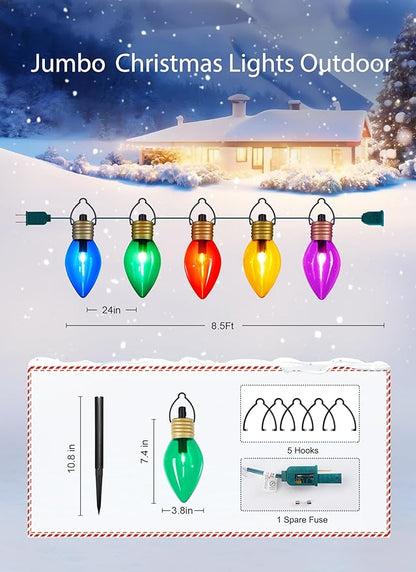 Brightown Jumbo C9 Christmas Pathway Lights Outdoor - 8.5 Feet 5 LED C9 Walkway Lights, Multicolor Bulb Holiday Pathway Light with Marker Stakes, Christmas Light Outdoor Decorations for Lawn Yard