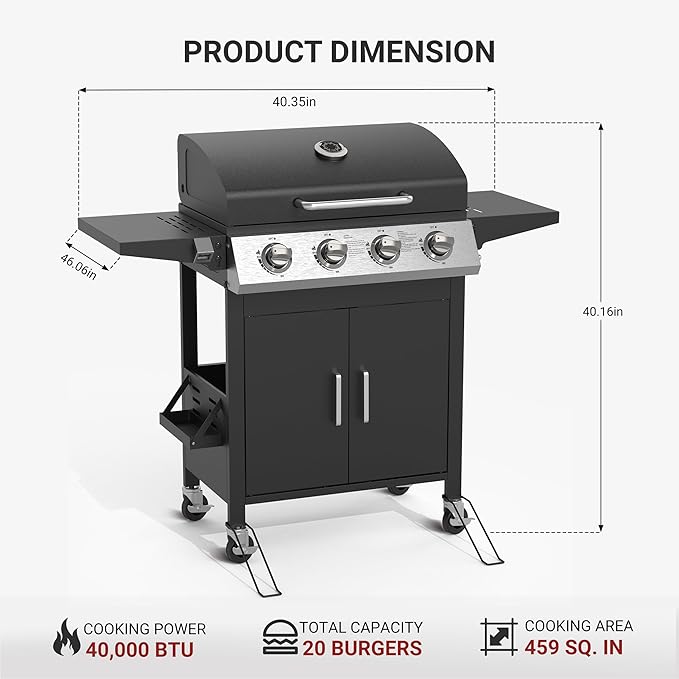 HUGROVE 4 Burner Propane Gas BBQ Grill with Wheels, 40,000 BTU Output Stainless Steel Barbecue Grill for Backyard & Outdoor Cooking Easy to Assemble, Foldable Side Tables & Spice Rack (Black)