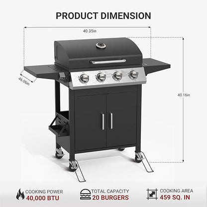 HUGROVE 4 Burner Propane Gas BBQ Grill with Wheels, 40,000 BTU Output Stainless Steel Barbecue Grill for Backyard & Outdoor Cooking Easy to Assemble, Foldable Side Tables & Spice Rack (Black)