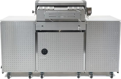 Mont Alpi Premium 70"W x 24"D Stainless Steel Compact Outdoor Kitchen Island with Refrigerator + 32"W 4-Burner BBQ Grill with Infrared Rotisserie Burner + Storage Cabinets + White Granite Countertops