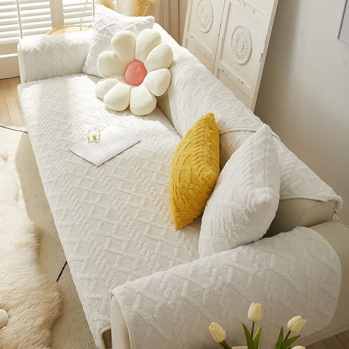 vctops Geometric Jacquard Plush Sofa Couch Covers Farmhouse Neutral Non Slip Sectional Couch Cover Soft Warm Sofa Slipcover for Dogs, Children, Pets Furniture Protector (White,28"x28")