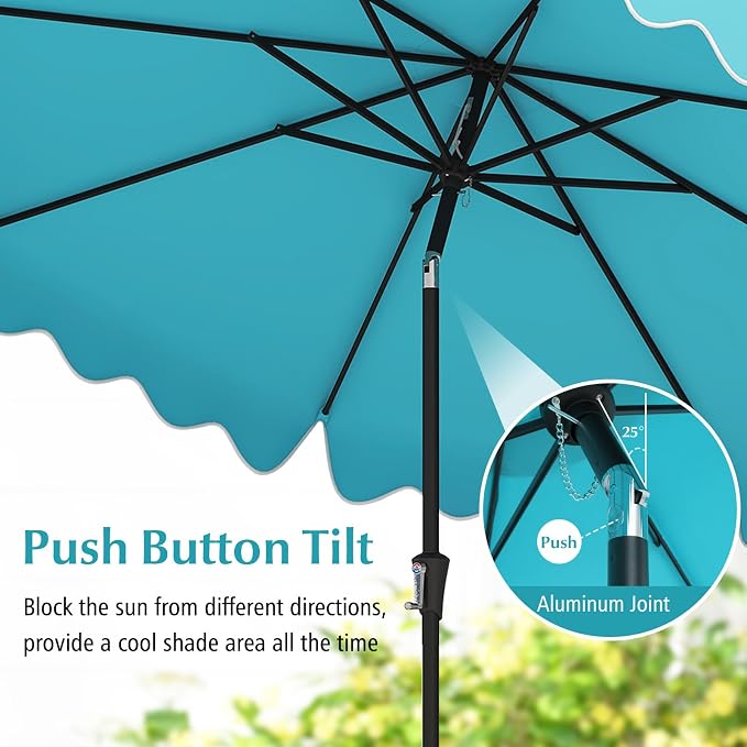 Tangkula 9Ft Patio Umbrella with Crank, 2-Tier Outdoor Umbrella with Push Button Tilt, Sun-Protective Canopy, 8 Ribs, Scalloped Patio Umbrella for Outdoor Beach Deck Pool Table (Turquoise)