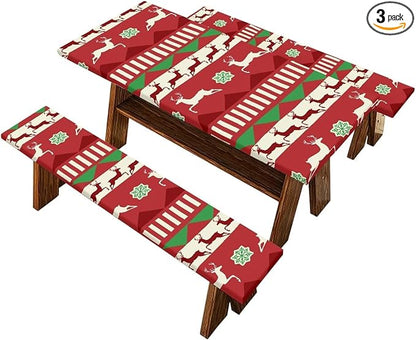 Xmas Table Cloth with Bench Covers 3 PCS for Outdoor Christmas Reindeers Camping Accessories Fitted Outdoor Tablecloth