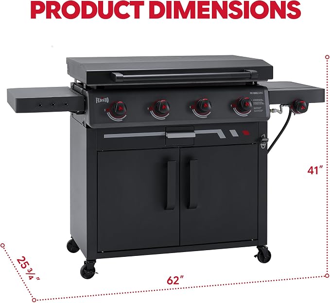 FEASTO 36" 4-Burner Propane Gas Griddle with Side Burner and Cabinet | 50,000 BTU, 720 Sq. In., Outdoor Flat Top Grill with Disposable Foil Liners for Patio, Backyard, BBQ Party, Black