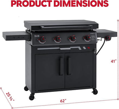 FEASTO 36" 4-Burner Propane Gas Griddle with Side Burner and Cabinet | 50,000 BTU, 720 Sq. In., Outdoor Flat Top Grill with Disposable Foil Liners for Patio, Backyard, BBQ Party, Black