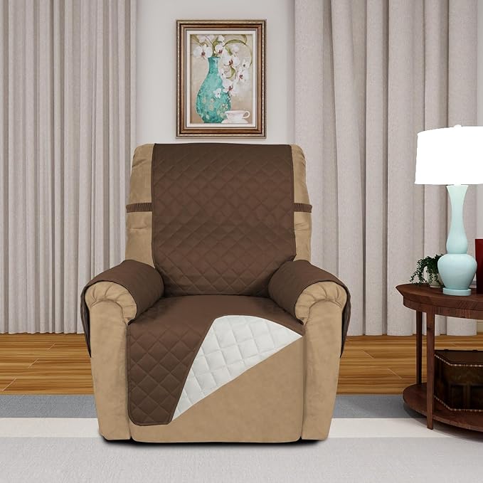 PureFit Reversible Recliner Chair Covers Couch Covers for Dogs, 19 in | Coffee/Ivory, Water Resistant Couch Protector, Washable Pet Couch Cover with Non Slip and Elastic Straps For Kids