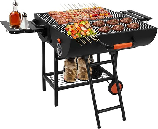 Generic Barrel Charcoal Grill Large Charcoal Grills with 2 Foldable Side Tables Outdoor BBQ Grill for Backyard Camping Patio Parties and Picnics