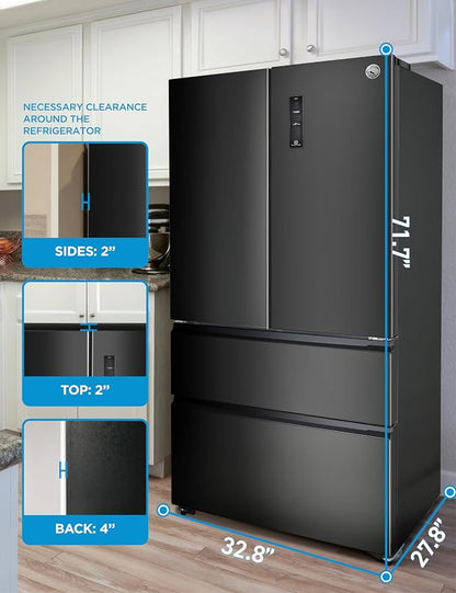 Commercial Cool 18.9 Cu. Ft. French Door Refrigerator, 33 Inch Wide Refrigerator with 2 Bottom Mount Freezer Drawers, Frost Free, LED Lighting, Digital Temperature Control, CCRF1890KB, Black | 33 Inch Wide Refrigerator with 2 Bottom Mount Freezer Drawe...