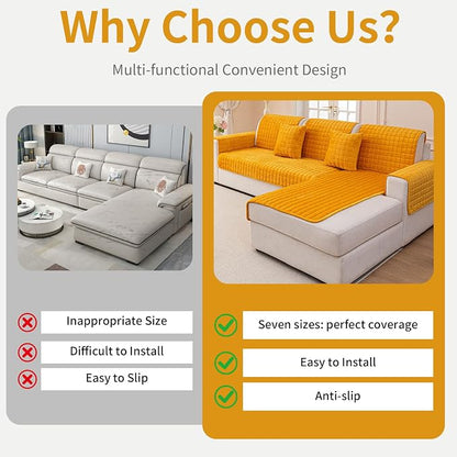 Velvet Couch Cover, Plush Sectional Sofa Cover Washable, Anti Slip Sofa Slipcover for 3-4 Cushions Sofas, Furniture Protector Covers for Pets & Kids(1PC,Mustard Yellow,36"×94")