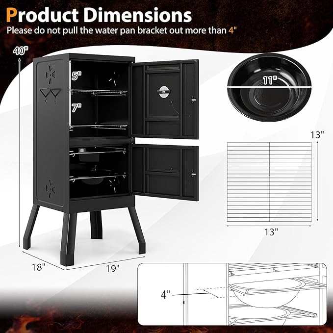Charcoal Smoker Outdoor, Vertical BBQ Smoker with Thermostat, 2 Access Doors, 2 Cooking Grates, 2 Removable Pans & 4 Air Vents, Meat Smokers Grill for Parties, Barbecues and Backyard