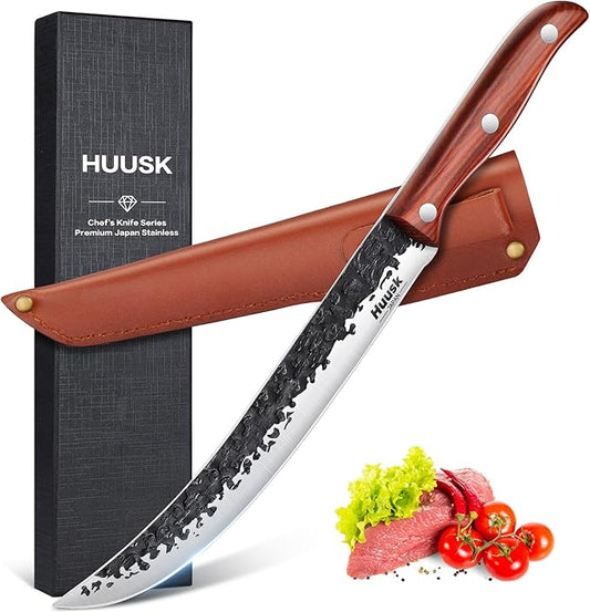 Huusk Breaking Knife for Meat Cutting, Hand Forged Butcher Knife with Sheath, Ergonomic Wooden Handle Japanese Cimeter for BBQ 8 Inch Gift for Dad