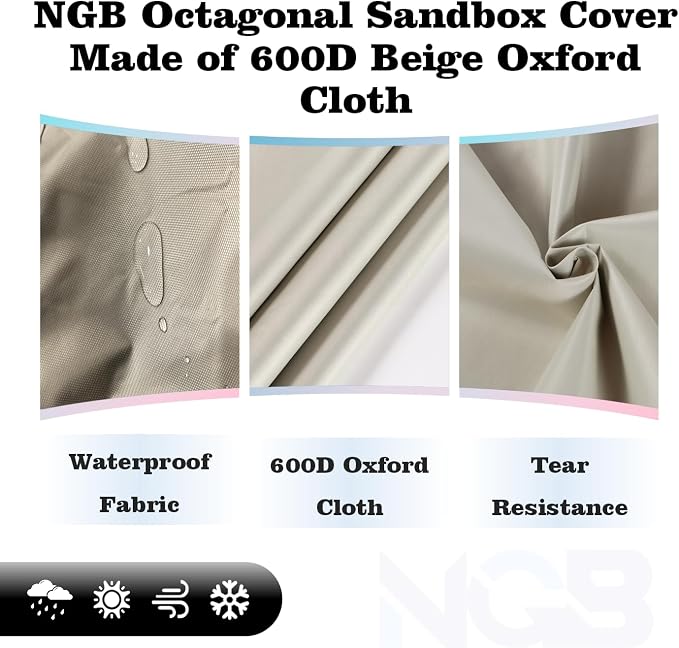 NGB Octagonal Sandbox Cover, 600D Waterproof Oxford Cloth Sandbox Protector with High-Efficiency Windproof Hooks 4, Easy-to-Find Reflective Handles and Fixed Elastic Drawstring (Beige, 85"x78"x9")