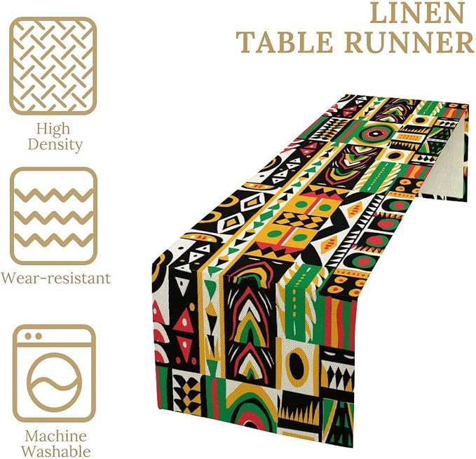African Tribal Table Runner, Retro Geometric Ethnic Abstract Folk Red Green Yellow Seasonal Table Runner Decor for Kitchen Farmhouse Home Holiday Parties 13x108in