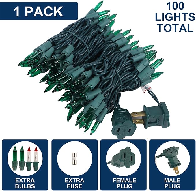 Green Christmas String Lights, 100 Count Incandescent Mini Lights | Connectable Xmas Tree Light for Indoor Outdoor Garland Birthday St. Patrick's Day Holiday Wedding Festival Party
