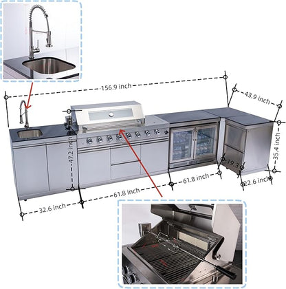 157" 6-Burner 96000 BTU Propane Gas Outdoor Kitchen Island - Stainless Steel Grill with Wine Cooler, Rotisserie, Granite Countertops, Storage Cabinets & Drawers,Silver