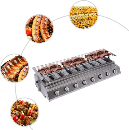 Commercial Barbecue Grill, 8 Burners BBQ LPG Tabletop Gas Grill w/Steel Shield Gas Grill Griddle Patio Garden Barbecue Grill with Adjustable Height for Party Backyard BBQ