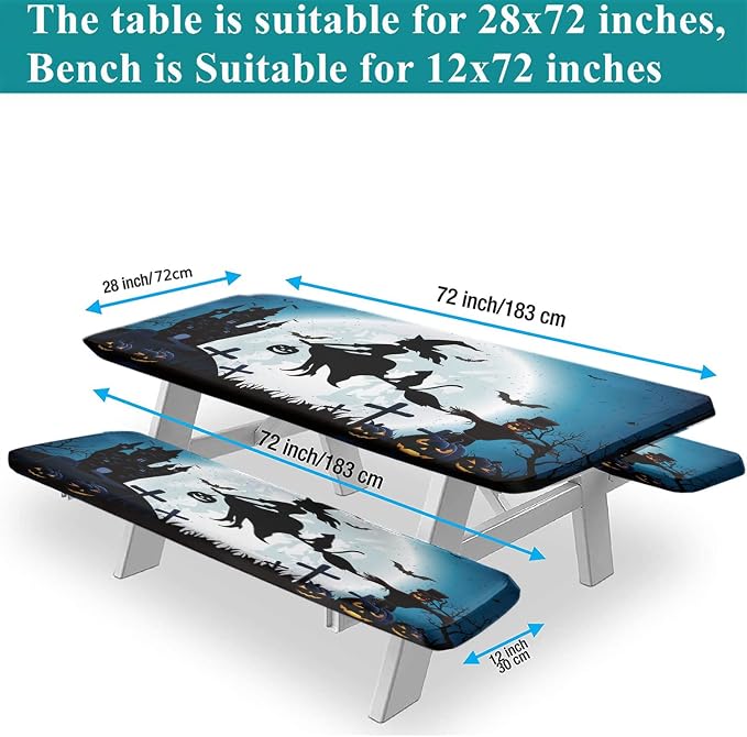Halloween Picnic Fitted Tablecloth and Bench Seat Covers, 3 Pieces Set, Witch on The Full Moon Pumpkin Waterproof Table Cover, 28x72 Inch, Great for Picnic Party Outdoor Patio Use