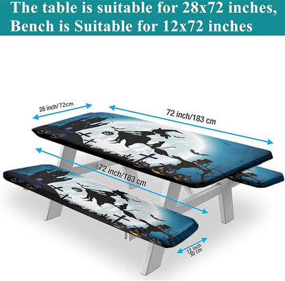 Halloween Picnic Fitted Tablecloth and Bench Seat Covers, 3 Pieces Set, Witch on The Full Moon Pumpkin Waterproof Table Cover, 28x72 Inch, Great for Picnic Party Outdoor Patio Use
