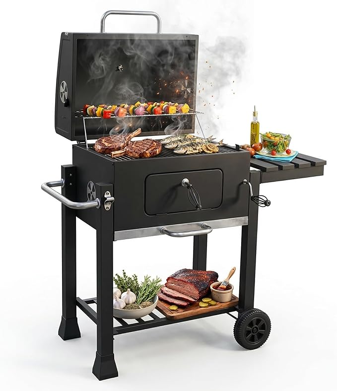 Heavy Duty Charcoal Grill BBQ Smoker with Foldable Side Table and Wheels, Large Outdoor Barbecue Grill for Patio Backyard Garden, Height Adjustable Charcoal Tray & Warming Rack