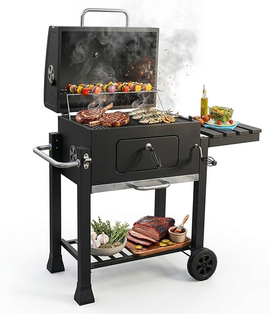 Heavy Duty Charcoal Grill BBQ Smoker with Foldable Side Table and Wheels, Large Outdoor Barbecue Grill for Patio Backyard Garden, Height Adjustable Charcoal Tray & Warming Rack