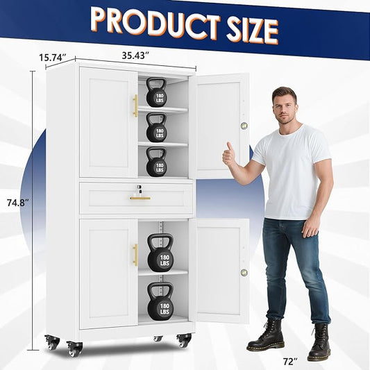 erosoei 75" H Metal Garage Storage Cabinet, Rolling Tool Cabinet with 2 Doors and Wheels, Locker Steel Cabinet with 4 Adjustable Shelves and Drawer, Organization Cabinet for Garage,Office,Home,Gym.