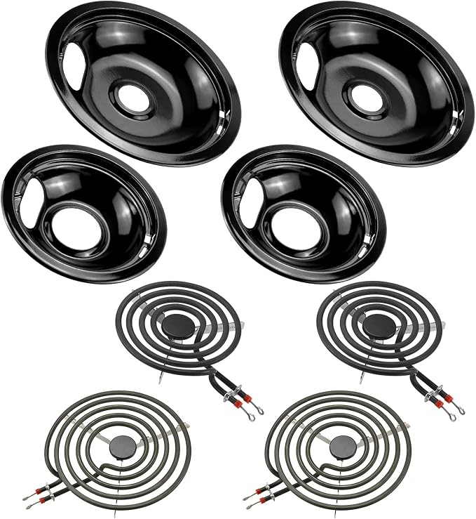 W10290350 W10290353 Black Porcelain Drip Pans and MP22YA Electric Stove Burner Element Set Replacement for Amana Whirlpool Electric Stove, Replace W10288051 Drip Pans by Fetechmate