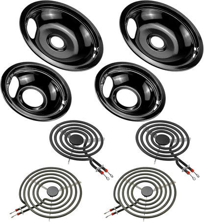 W10290350 W10290353 Black Porcelain Drip Pans and MP22YA Electric Stove Burner Element Set Replacement for Amana Whirlpool Electric Stove, Replace W10288051 Drip Pans by Fetechmate