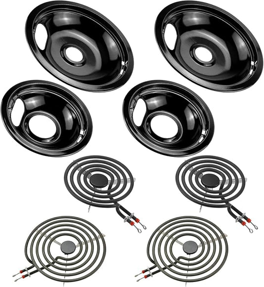 W10290350 W10290353 Black Porcelain Drip Pans and MP22YA Electric Stove Burner Element Set Replacement for Amana Whirlpool Electric Stove, Replace W10288051 Drip Pans by Fetechmate