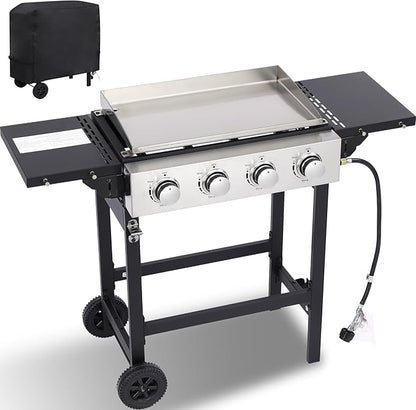 4-Burner Flat Top Grill with Folding Side Tables, Outdoor Griddle Grill with Storage Cover, 40,000 BTU Flat Grill with Stainless Steel Cooking Surface for BBQ, Camping, Tailgating