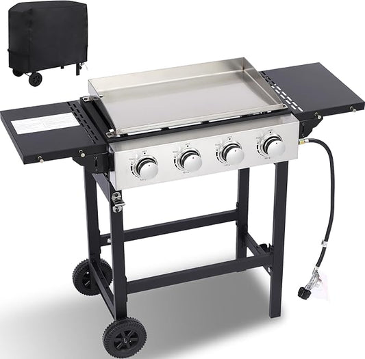 4-Burner Flat Top Grill with Folding Side Tables, Outdoor Griddle Grill with Storage Cover, 40,000 BTU Flat Grill with Stainless Steel Cooking Surface for BBQ, Camping, Tailgating