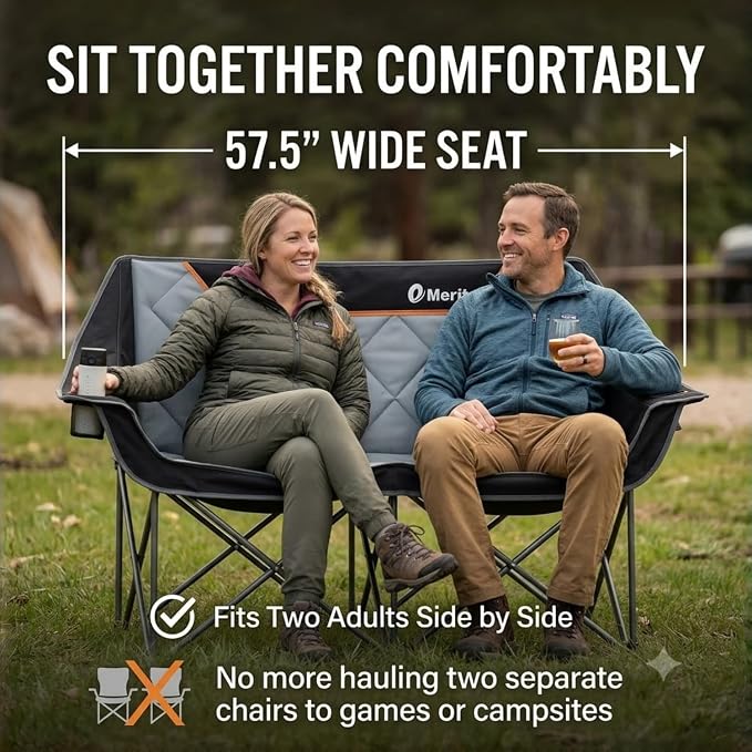 EMERIT Oversized Fully Padded Camping Chair, Heavy Duty 650LB Folding Camping Loveseat, Quad Fold Double Camping Couch with Cup Holders & Carry Bag for Outdoor, Lawn, Sports Events Black