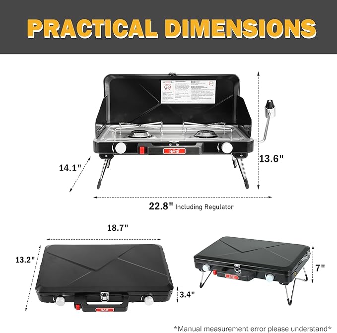 Measurement chart of a portable camping stove with dimensions labeled.