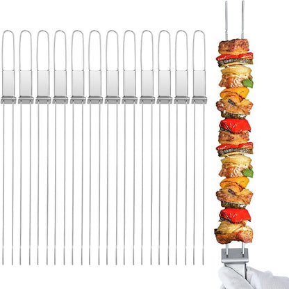 Stainless Steel Kabob Skewers, 16"（12PCS）, Double Pronged Flat with Slider