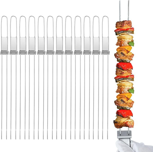 Stainless Steel Kabob Skewers, 16"（12PCS）, Double Pronged Flat with Slider