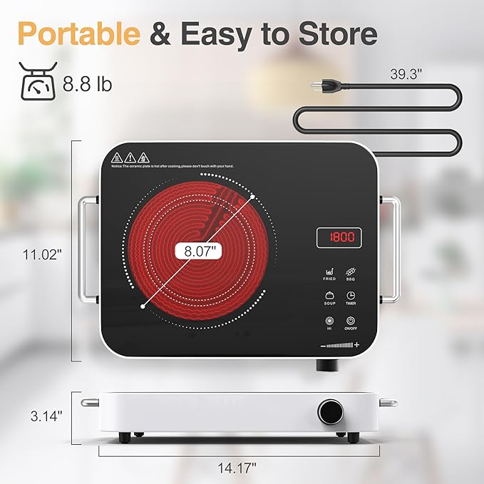 GIHETKUT Single Burner Electric Cooktop,1800W 110V Electric Stove Top with Knob Control, Portable Cooktop with 2 Handle,single burner electric stove with Double Ring Heating, 4 hours Timer